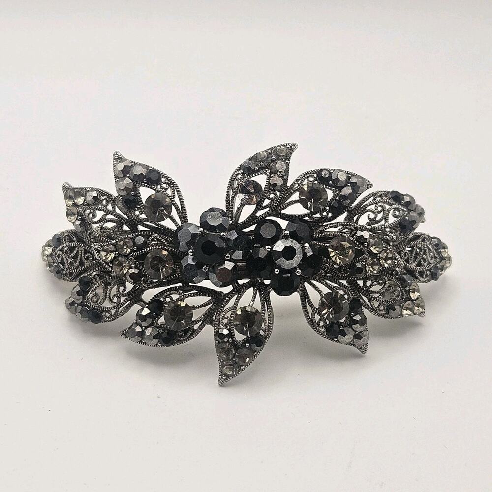 Vtg Soho Floral Rhinestone Black Rhinestones Silver Tone Hair Clip Barrette